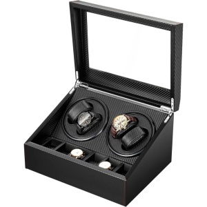 Cutie intors ceasuri iUni, Watch Winder 4 + 6 spatii depozitare, Piele ecologica, Carbon - Img 11