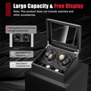 Cutie intors ceasuri iUni, Watch Winder 4 + 6 spatii depozitare, Piele ecologica, Carbon - Img 3