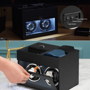 Cutie intors ceasuri iUni, Watch Winder 2 + 3 Compartimente accesorii, Piele ecologica, Negru-Gri - Img 9