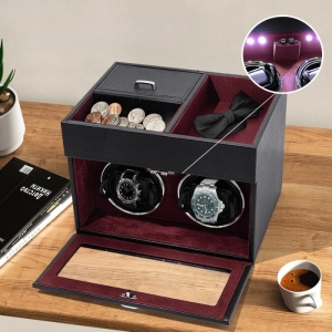 Cutie intors ceasuri iUni, Watch Winder 2 + 3 Compartimente accesorii, Piele ecologica, Negru-Rosu - Img 7
