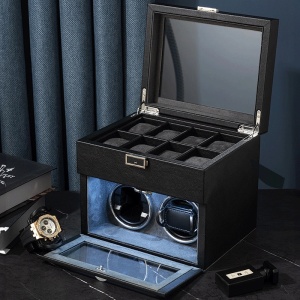 Cutie intors ceasuri iUni, Watch Winder 2 + 8 spatii depozitare, Piele ecologica, Negru-Gri - Img 10