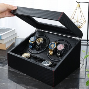 Cutie intors ceasuri iUni, Watch Winder 4 + 6 spatii depozitare, Piele ecologica, Carbon - Img 2