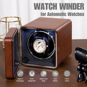 Cutie intors ceas automatic iUni, Watch Winder, Piele ecologica, Maro - Img 2