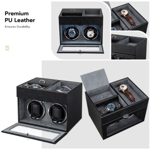 Cutie intors ceasuri iUni, Watch Winder 2 + 3 Compartimente accesorii, Piele ecologica, Negru-Gri - Img 10