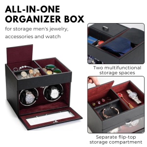 Cutie intors ceasuri iUni, Watch Winder 2 + 3 Compartimente accesorii, Piele ecologica, Negru-Rosu - Img 8