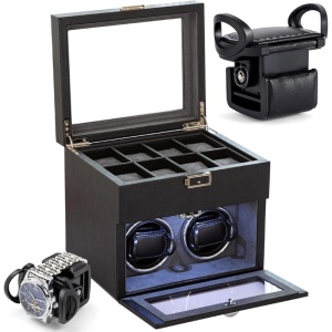 Cutie intors ceasuri iUni, Watch Winder 2 + 8 spatii depozitare, Piele ecologica, Negru-Gri - Img 11