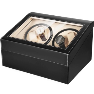 Cutie intors ceasuri iUni, Watch Winder 4 + 6 spatii depozitare, Piele ecologica, Negru-Crem - Img 2