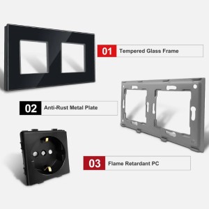 Priza dubla cu rama din sticla securizata iUni WS2, 16A, Black - Img 3