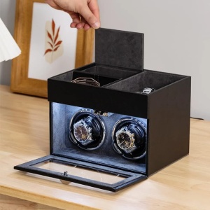 Cutie intors ceasuri iUni, Watch Winder 2 + 3 Compartimente accesorii, Piele ecologica, Negru-Gri - Img 11