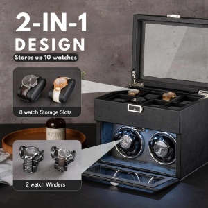 Cutie intors ceasuri iUni, Watch Winder 2 + 8 spatii depozitare, Piele ecologica, Negru-Gri - Img 2