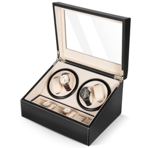 Cutie intors ceasuri iUni, Watch Winder 4 + 6 spatii depozitare, Piele ecologica, Negru-Crem