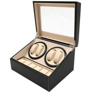 Cutie intors ceasuri iUni, Watch Winder 4 + 6 spatii depozitare, Piele ecologica, Negru-Crem - Img 11