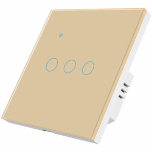 Intrerupator smart touch iUni 3F, 3 Canale, Wi-Fi, Sticla securizata, LED, Gold