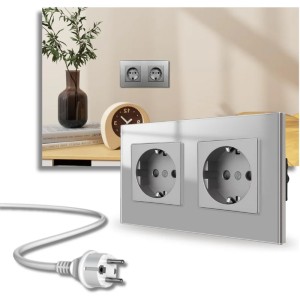 Priza dubla cu rama din sticla securizata iUni WS2, 16A, Silver - Img 2