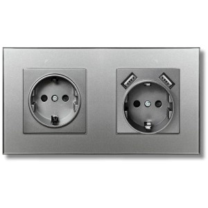 Priza dubla rama din sticla securizata, 2 porturi USB-A, iUni US2, 16A, Silver