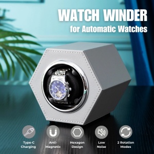 Cutie intors ceas automat iUni, Watch Winder, Piele ecologica, Gri - Img 2