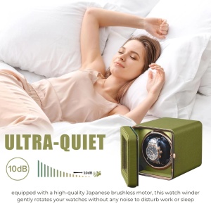 Cutie intors ceas automatic iUni, Watch Winder, Piele ecologica, Verde Kaki - Img 11