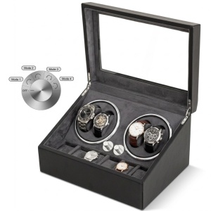 Cutie intors ceasuri iUni, 4 Programe rotatie (TPD reglabil), Watch Winder 4 + 6 spatii depozitare, Piele ecologica, Black