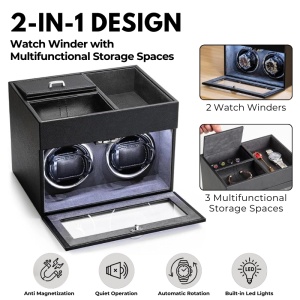 Cutie intors ceasuri iUni, Watch Winder 2 + 3 Compartimente accesorii, Piele ecologica, Negru-Gri - Img 2