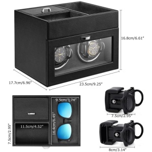Cutie intors ceasuri iUni, Watch Winder 2 + 3 Compartimente accesorii, Piele ecologica, Negru-Gri - Img 12
