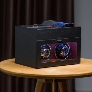Cutie intors ceasuri iUni, Watch Winder 2 + 3 Compartimente accesorii, Piele ecologica, Negru-Rosu - Img 10
