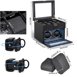 Cutie intors ceasuri iUni, Watch Winder 2 + 8 spatii depozitare, Piele ecologica, Negru-Gri - Img 13