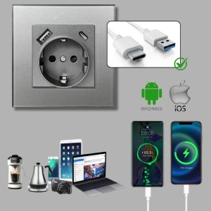 Priza rama sticla securizata, porturi USB-A si USB-C, iUni UC1, 16A, Silver - Img 4