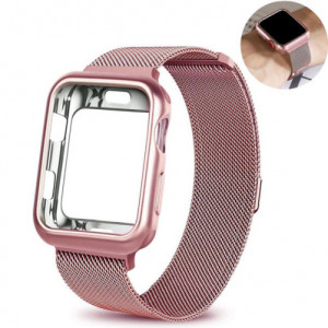 Curea iUni compatibila cu Apple Watch Ultra/SE/8/7/6/5/4/3/2/1, 42mm, Milanese Loop, carcasa protectie incorporata, Rose Gold - Img 2