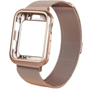 Curea iUni compatibila cu Apple Watch Ultra/SE/8/7/6/5/4/3/2/1, 42mm, Milanese Loop, carcasa protectie incorporata, Rose Gold - Img 3