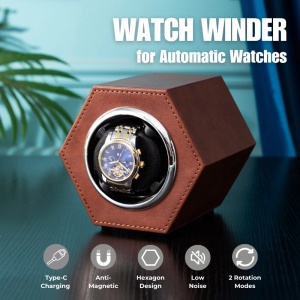 Cutie intors ceas automat iUni, Watch Winder, Piele ecologica, Maro - Img 2