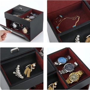 Cutie intors ceasuri iUni, Watch Winder 2 + 3 Compartimente accesorii, Piele ecologica, Negru-Rosu - Img 11