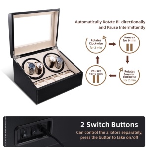 Cutie intors ceasuri iUni, Watch Winder 4 + 6 spatii depozitare, Piele ecologica, Negru-Crem - Img 4
