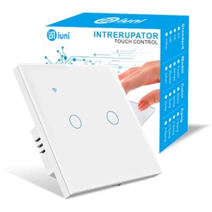 Intrerupator smart touch, WiFi, Sticla securizata, iUni 2G, 2 Canale, 10A, Control vocal, Smart Life / Tuya, LED