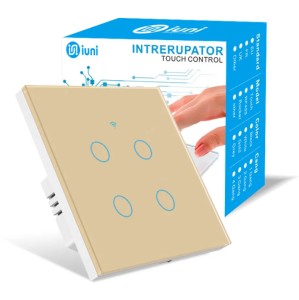 Intrerupator smart touch, WiFi, Sticla securizata, iUni 4G, 4 Canale, 10A, Control vocal, Smart Life / Tuya, LED, Gold
