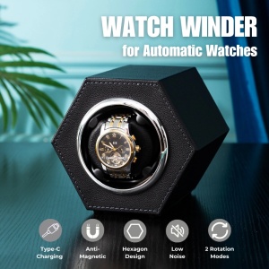 Cutie intors ceas automat iUni, Watch Winder, Piele ecologica, Negru - Img 2