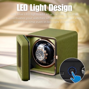 Cutie intors ceas automatic iUni, Watch Winder, Piele ecologica, Verde Kaki - Img 5