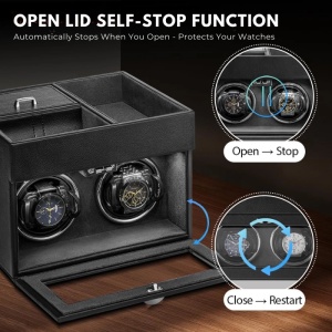Cutie intors ceasuri iUni, Watch Winder 2 + 3 Compartimente accesorii, Piele ecologica, Negru-Gri - Img 4