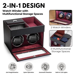 Cutie intors ceasuri iUni, Watch Winder 2 + 3 Compartimente accesorii, Piele ecologica, Negru-Rosu - Img 2