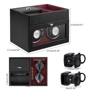 Cutie intors ceasuri iUni, Watch Winder 2 + 3 Compartimente accesorii, Piele ecologica, Negru-Rosu - Img 12
