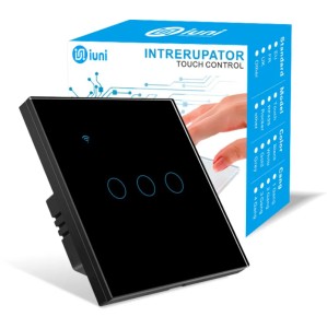 Intrerupator smart touch, WiFi, Sticla securizata, iUni 3G, 10A, Control vocal, Smart Life / Tuya, LED, Black - Img 1