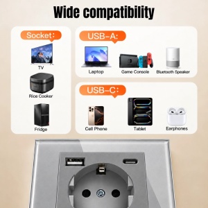 Priza rama sticla securizata, porturi USB-A si USB-C, iUni UC2, 16A, Silver - Img 7