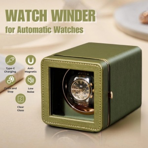 Cutie intors ceas automatic iUni, Watch Winder, Piele ecologica, Verde Kaki - Img 2