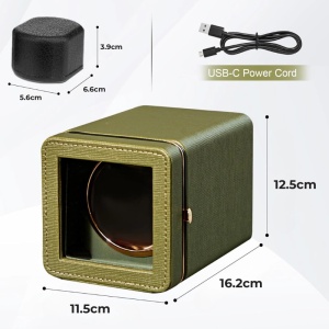 Cutie intors ceas automatic iUni, Watch Winder, Piele ecologica, Verde Kaki - Img 12