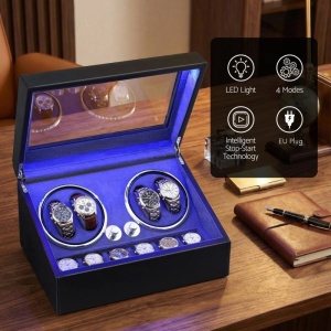 Cutie intors ceasuri iUni, 4 Programe, Watch Winder 4 + 6 spatii depozitare, Piele ecologica, Black - Img 2