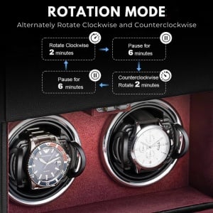 Cutie intors ceasuri iUni, Watch Winder 2 + 3 Compartimente accesorii, Piele ecologica, Negru-Rosu - Img 3