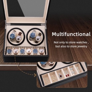 Cutie intors ceasuri iUni, Watch Winder 4 + 6 spatii depozitare, Piele ecologica, Negru-Crem - Img 6