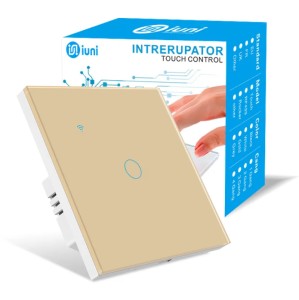 Intrerupator smart touch, WiFi, Sticla securizata, iUni 1G, 1 Canal, 10A, Control vocal, Smart Life / Tuya, LED, Gold