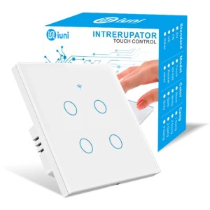Intrerupator smart touch, WiFi, Sticla securizata, iUni 4G, 4 Canale, 10A, Control vocal, Smart Life / Tuya, LED