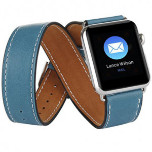Curea iUni compatibila cu Apple Watch Ultra/SE/8/7/6/5/4/3/2/1, 38mm, Double Tour, Piele, Albastru