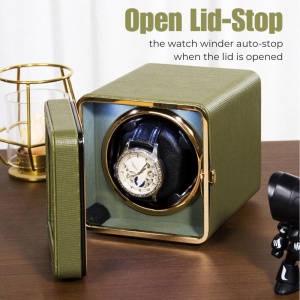 Cutie intors ceas automatic iUni, Watch Winder, Piele ecologica, Verde Kaki - Img 9